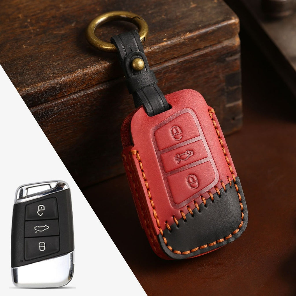 Carsine Volkswagen Lavida Bora Leather Car Key Cover 3 Button Red / 3 Button
