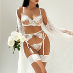 Ensemble de lingerie sexy en maille brodée, string et porte-jarretelles, 4 pièces