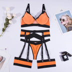 Orangefarbener und schwarzer sexy Damen-String mit Strumpfhaltern