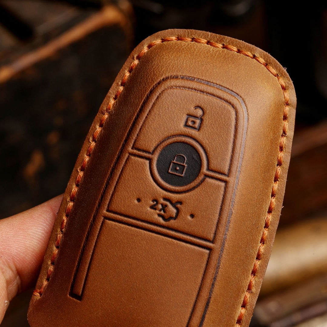 Étui en cuir pour clé de voiture (2, 3, 4 ou 5 boutons) compatible avec les Ford Focus, Explorer, Kuga, Sharp, Aviator, Lincoln Mondeo, Edge, F-150, Raptor et autres pick-ups.