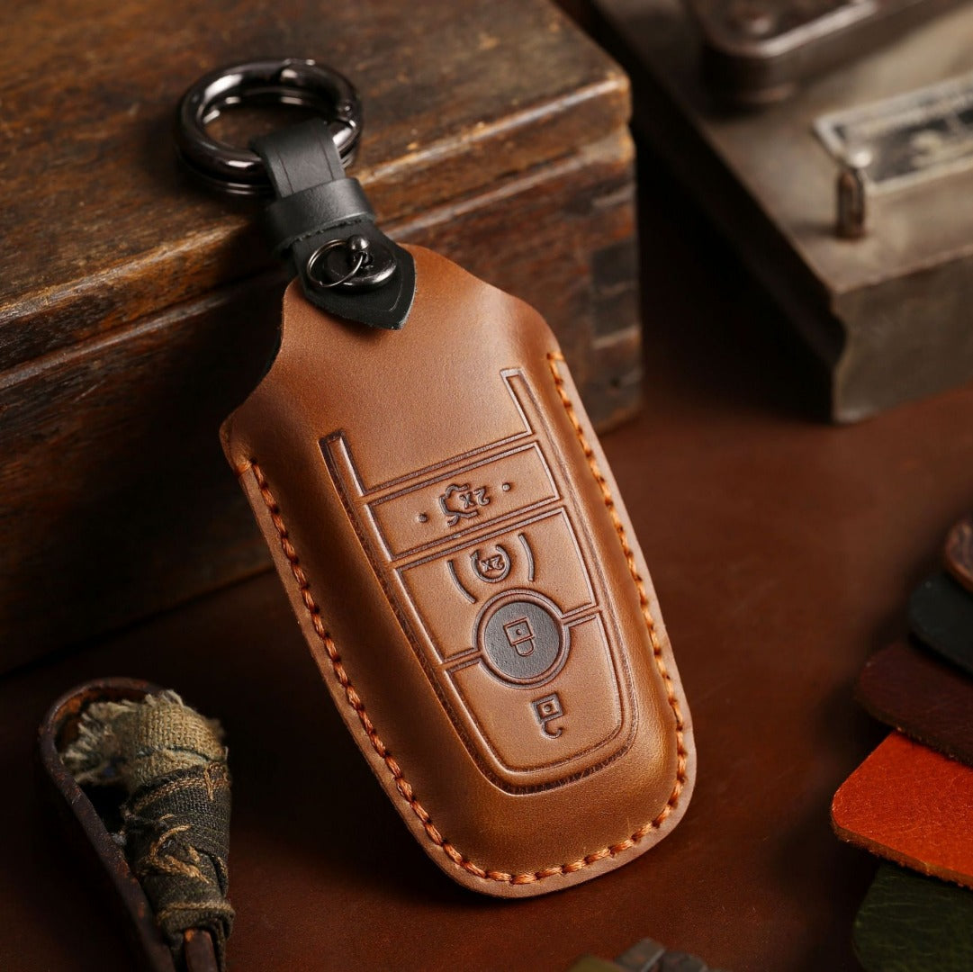 Étui en cuir pour clé de voiture (2, 3, 4 ou 5 boutons) compatible avec les Ford Focus, Explorer, Kuga, Sharp, Aviator, Lincoln Mondeo, Edge, F-150, Raptor et autres pick-ups.