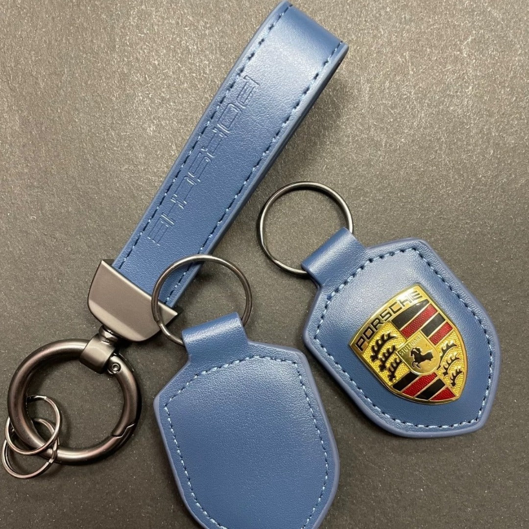 Porte-clés en cuir véritable avec écusson Porsche