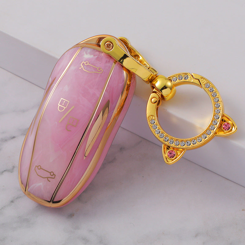 Carsine Tesla Car Key Case Gold Inlaid With Jade Pink / Key case + O chain