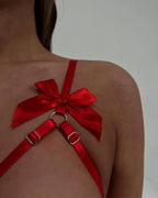 Open crotch exposed breast bow sexy lingerie two piece set G string Thong