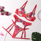 Carsine Embroidered bra with leg circumference sexy underwear four-piece set G string Thong Red / S