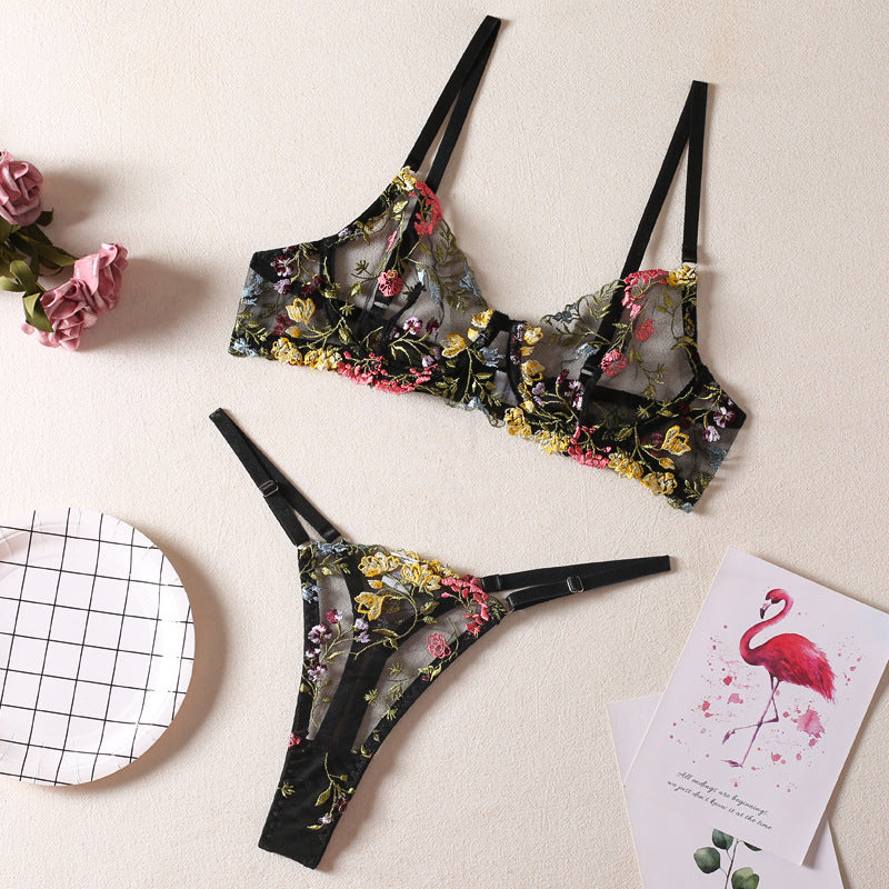 Carsine Floral Bra Thong 2-Piece Set G string Thong Black / S