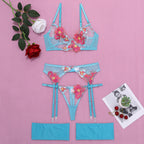 Sexy Dessous-Set, 4-teilig: Strapsstrümpfe, besticktes Netzgewebe, G-String und Tanga