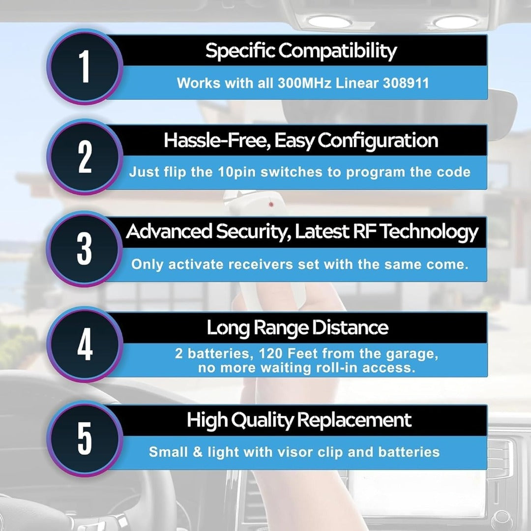 Multicode Linear 308911, 10 dip Switch Gate Opener Remote 300MHz, Multi Code Garage Door Opener Remote, Garage Clicker Replacement