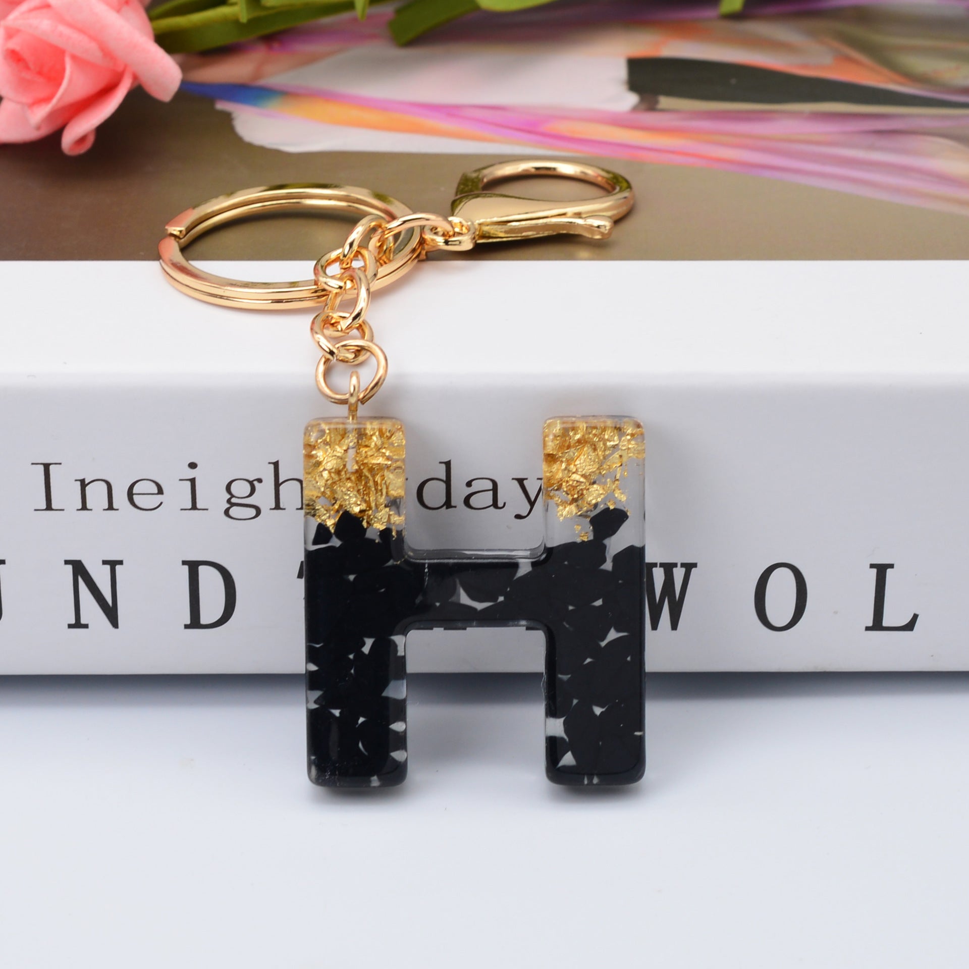 Carsine Black Pompom 26 Alphabets Keychain gold / H