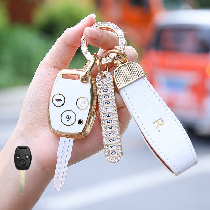 Carsine Honda Car Key Case Golden Edge 3 Buttons / White / Key case + strap